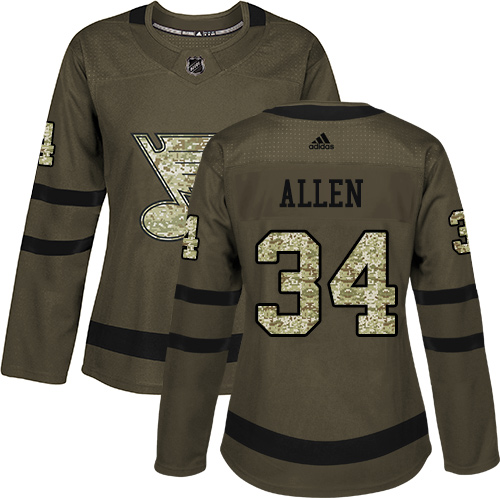 Adidas Blues #34 Jake Allen Green Salute to Service Women's Stitched NHL Jersey - Click Image to Close